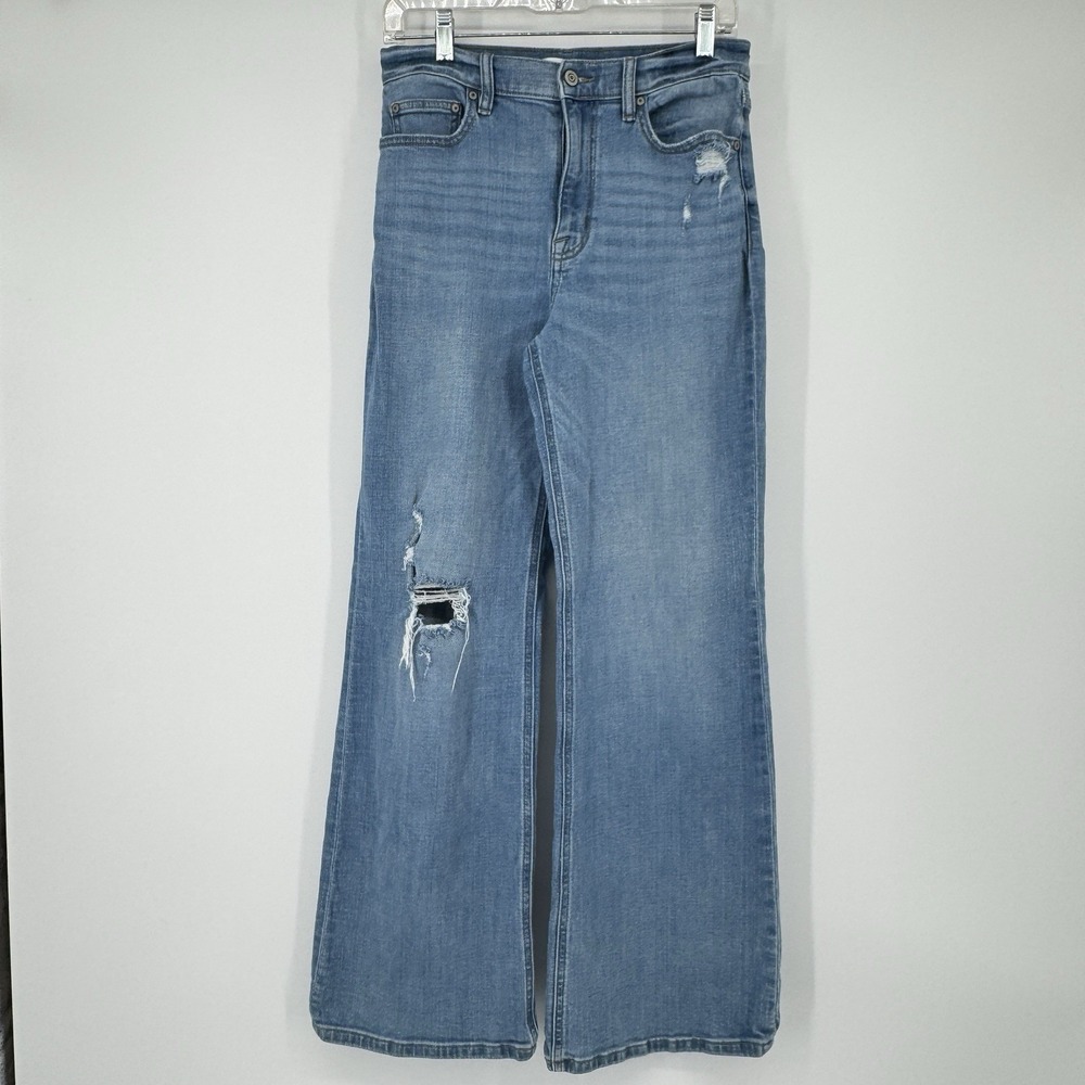 Eunina Junior Brooke Ultra High Rise Wide Flare Jeans 7 28 Distressed Light Wash
